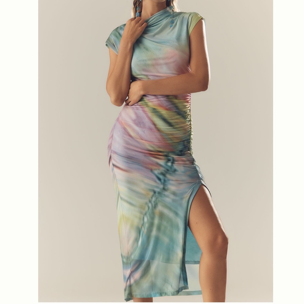 NEW Anthropologie Maya Ruched Cowl-Neck Dress Mesh Rainbow Watercolor Large - Picture 2 of 10